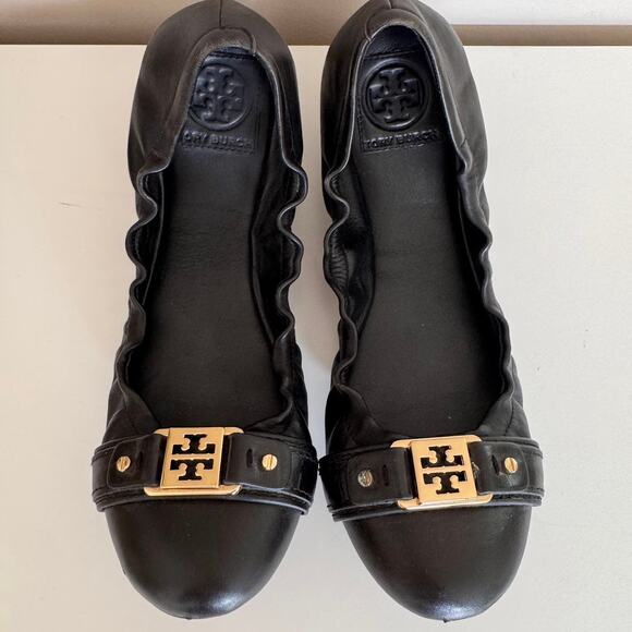 Tory Burch Black Ambrose Leather Ballet Flats Size 9 - Picture 1 of 7